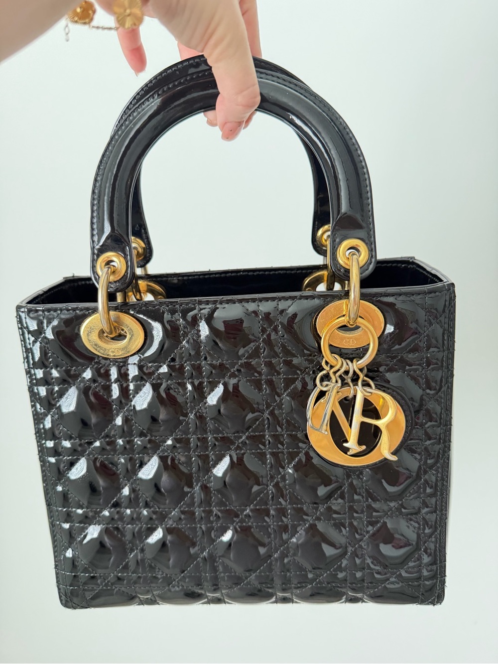 Christian Dior Medium Lady Dior Patent Calfskin Black Patent Tote Bag